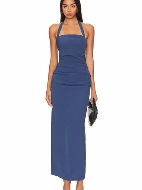 Blue Halter Neck Ruched Maxi Dress
